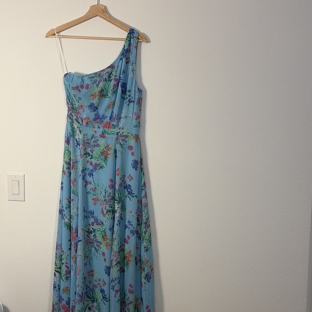 Yumi Kim Blue Floral Chiffon One Shoulder Pleated Maxi Dress Sleeveless M